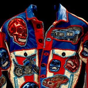 Couture,Vibrant Red & Blue Handmade Painted Bomber Jacket. By Schwas Leatherwork